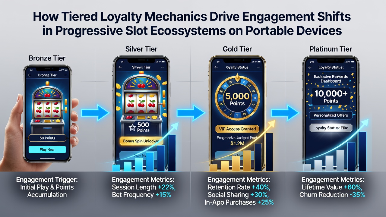 Analytics dashboard showing engagement metrics and tier progression graphs for mobile progressive slot players